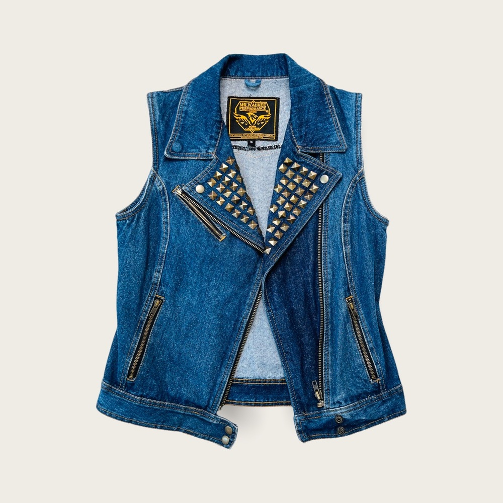 Milwaukee Zipper Front Blue Denim Vest Studded Spikes Size Small